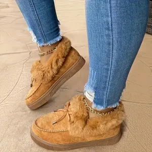 Women's Furry Snow Boots - Bowknot, Plush Lined, Warm Flat Ankle Boots