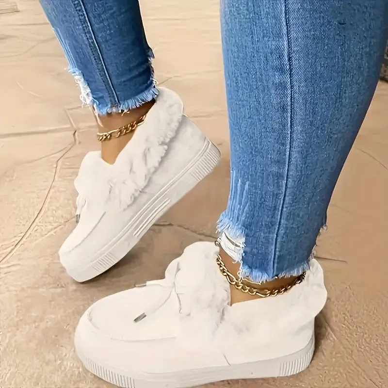Women's Furry Snow Boots - Bowknot, Plush Lined, Warm Flat Ankle Boots