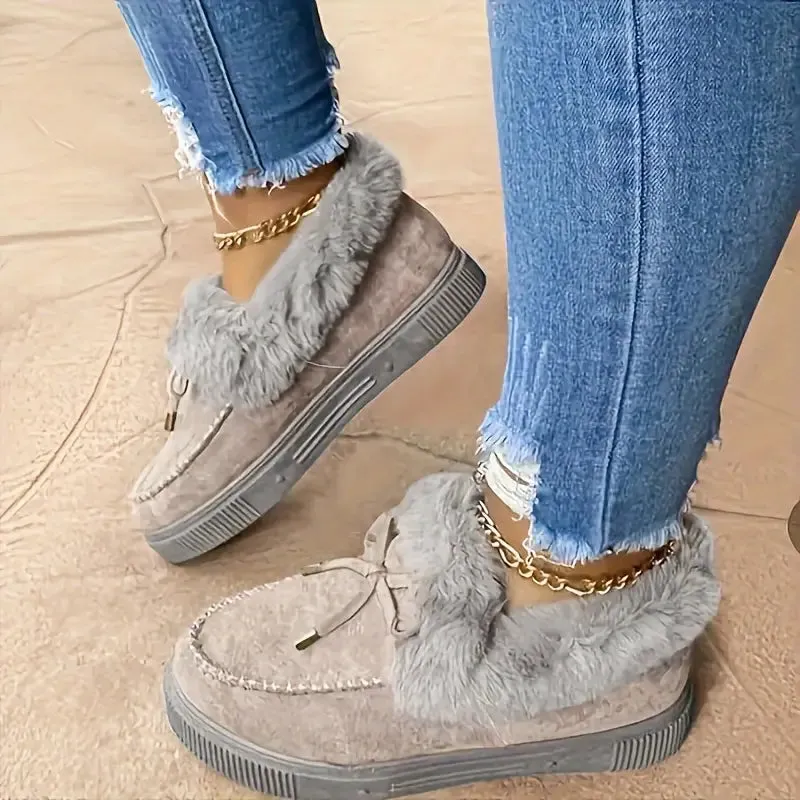 Women's Furry Snow Boots - Bowknot, Plush Lined, Warm Flat Ankle Boots