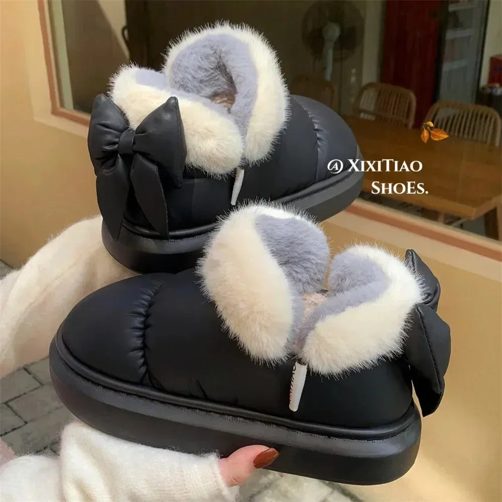 Women's Waterproof Snow Boots – Warm Thick Ankle Boots with Furry Bow, Anti-Slip Comfort for Outdoor Wear