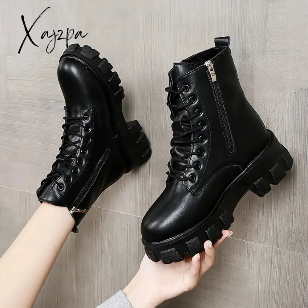 Xajzpa - Snow Boots Women Winter New Plush Velvet Woman Shoes Warm Ankle Boots Thick Cotton Shoes Furry Black Women Leather Boots