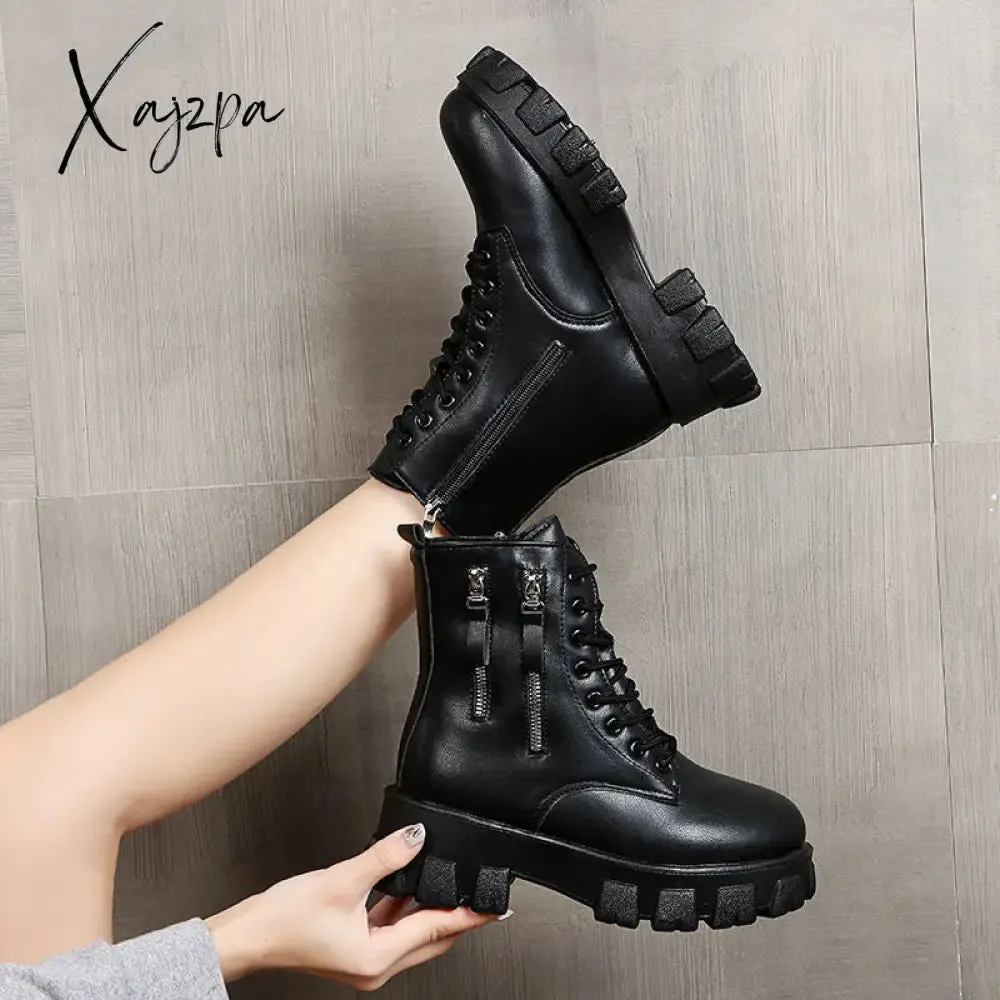 Xajzpa - Snow Boots Women Winter New Plush Velvet Woman Shoes Warm Ankle Boots Thick Cotton Shoes Furry Black Women Leather Boots